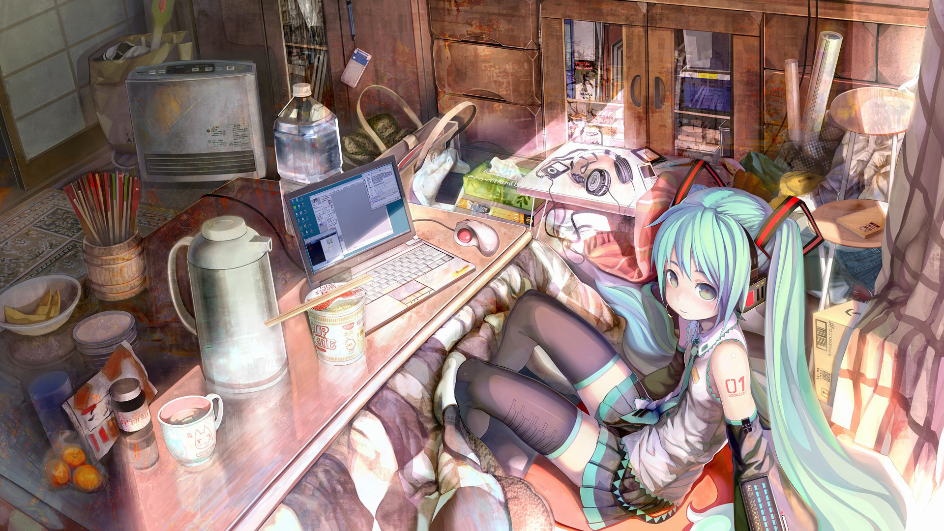 Hatsune Mikus Room Hd Wallpaper - Anime Girls With Computers , HD Wallpaper & Backgrounds