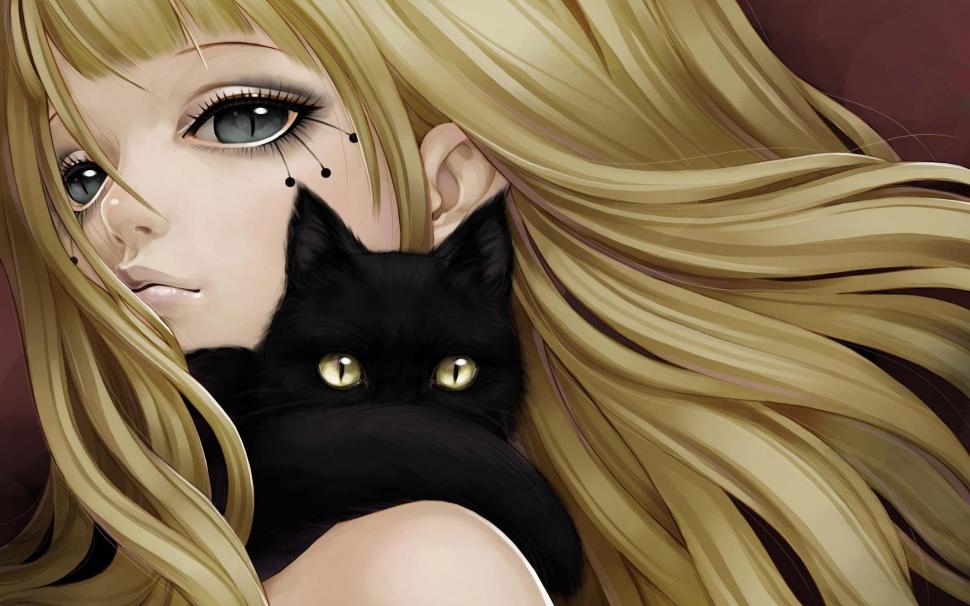 Blonde Girl And Its Black Cat Wallpaper - Art Anime Girl And Cat , HD Wallpaper & Backgrounds