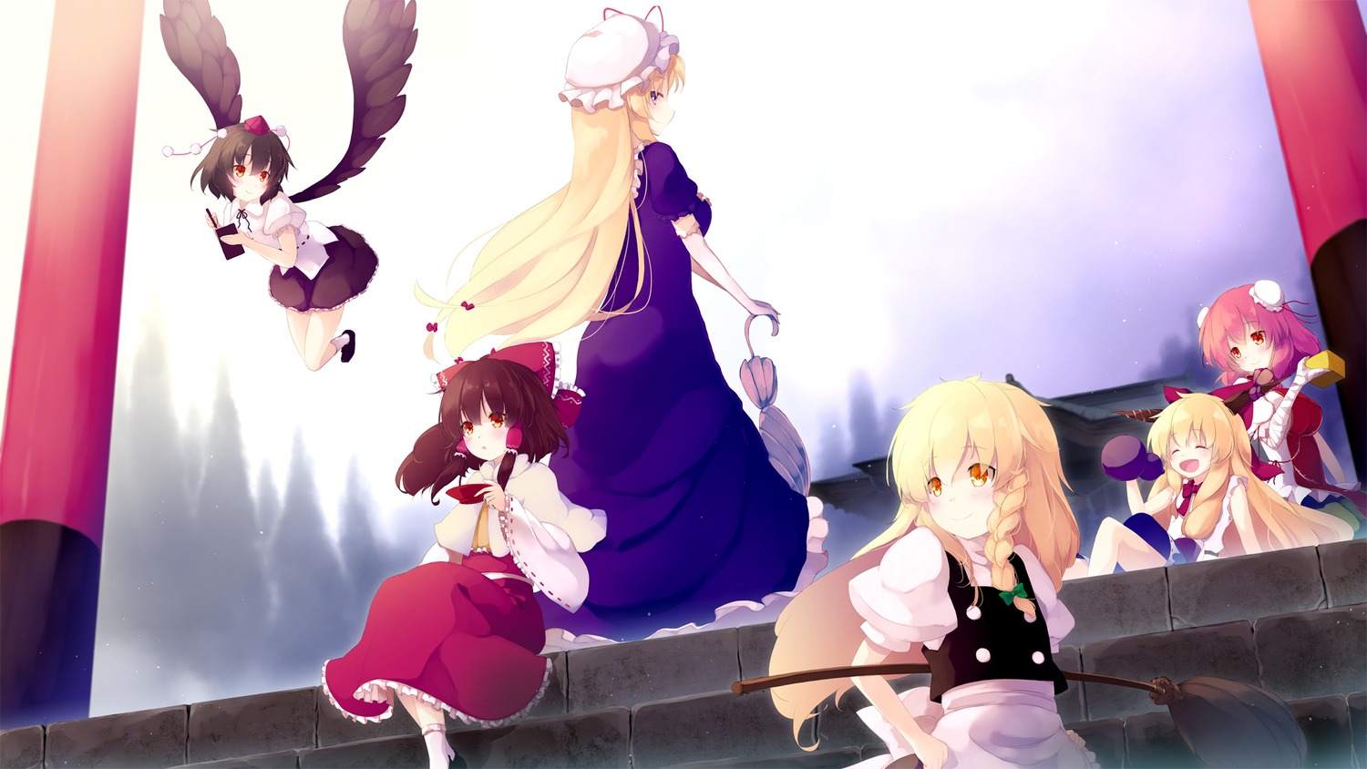 Dress Gengetsu Chihiro Hakurei Reimu Horns Ibaraki - Touhou Project , HD Wallpaper & Backgrounds