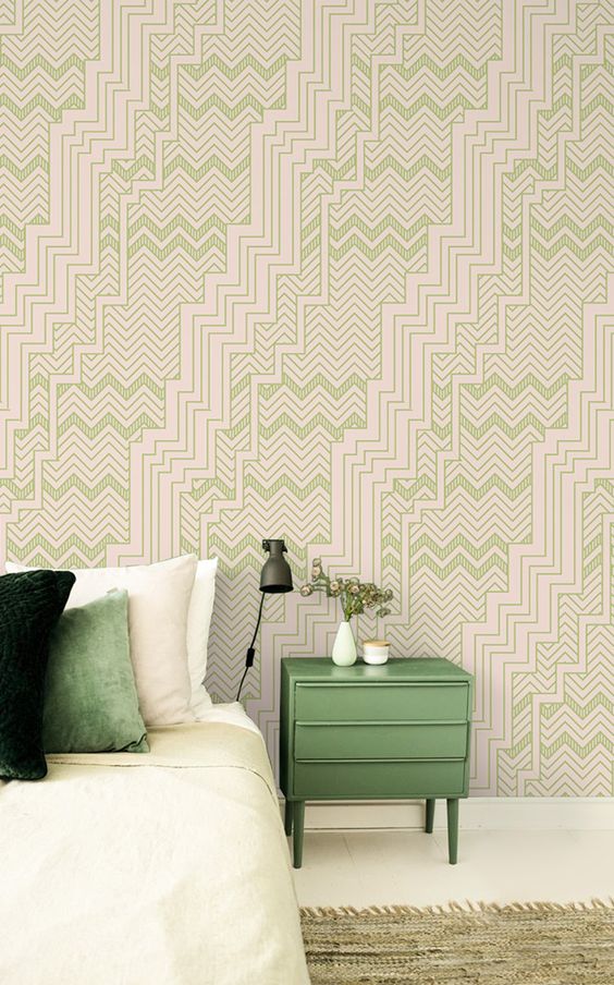 Beautiful Green Geometric Retro Wallpaper - Green Wallpaper Living Room , HD Wallpaper & Backgrounds
