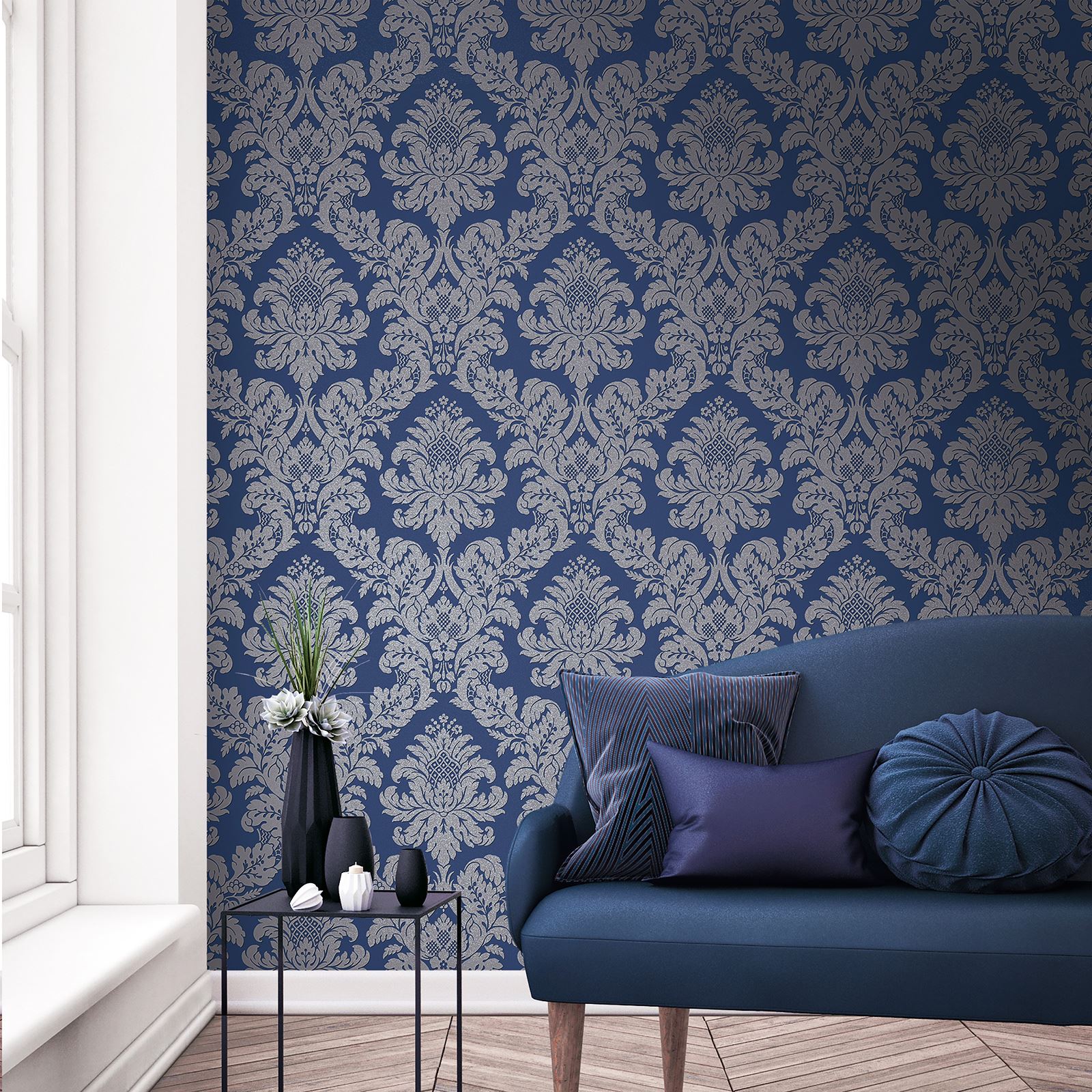 Midnight Blue Dark Navy Wallpaper Glitterati Floral - Blue And Silver Wallpaper For Living Room , HD Wallpaper & Backgrounds