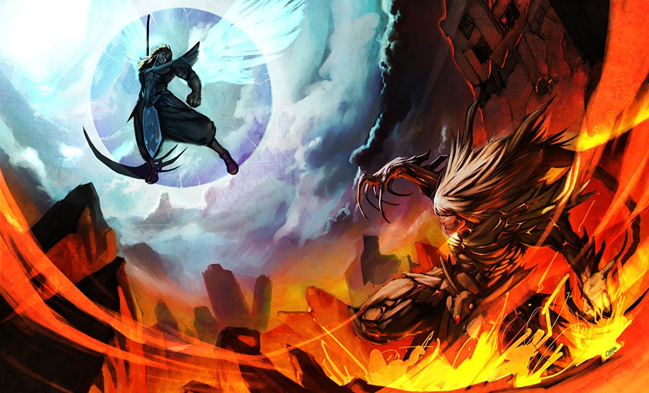 Wallpaper Battles Warriors Monsters Scythe - Angel Vs Demon Deviantart , HD Wallpaper & Backgrounds