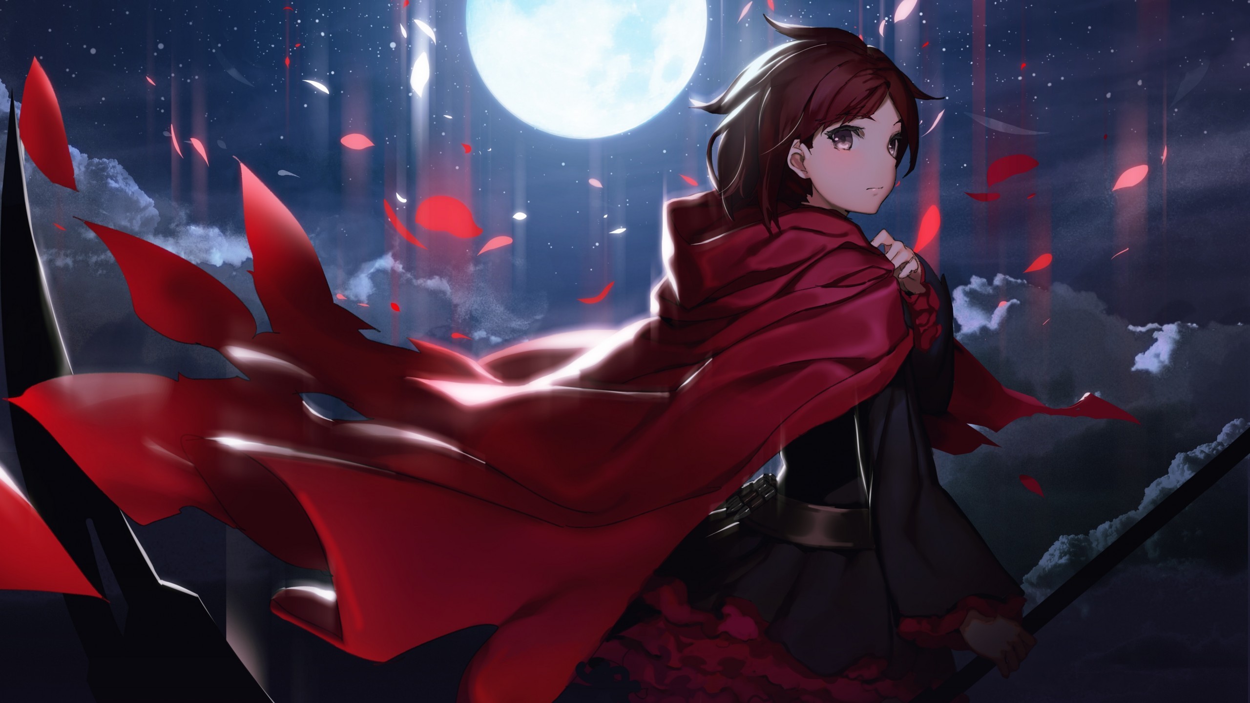 Rwby, Ruby Rose, Cape, Moon, Leaves, Scythe - Anime 2017 , HD Wallpaper & Backgrounds
