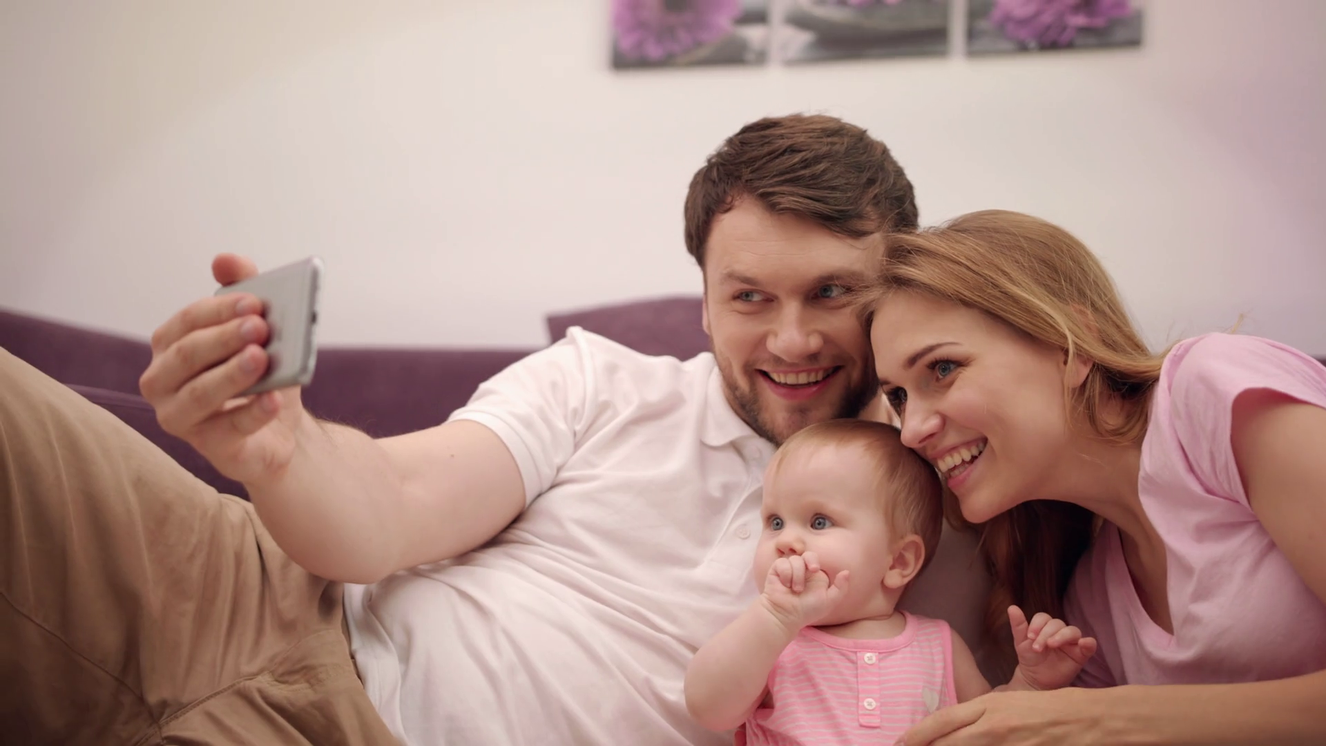 Happy Husband And Wife Taking Picture With Little Baby Happy