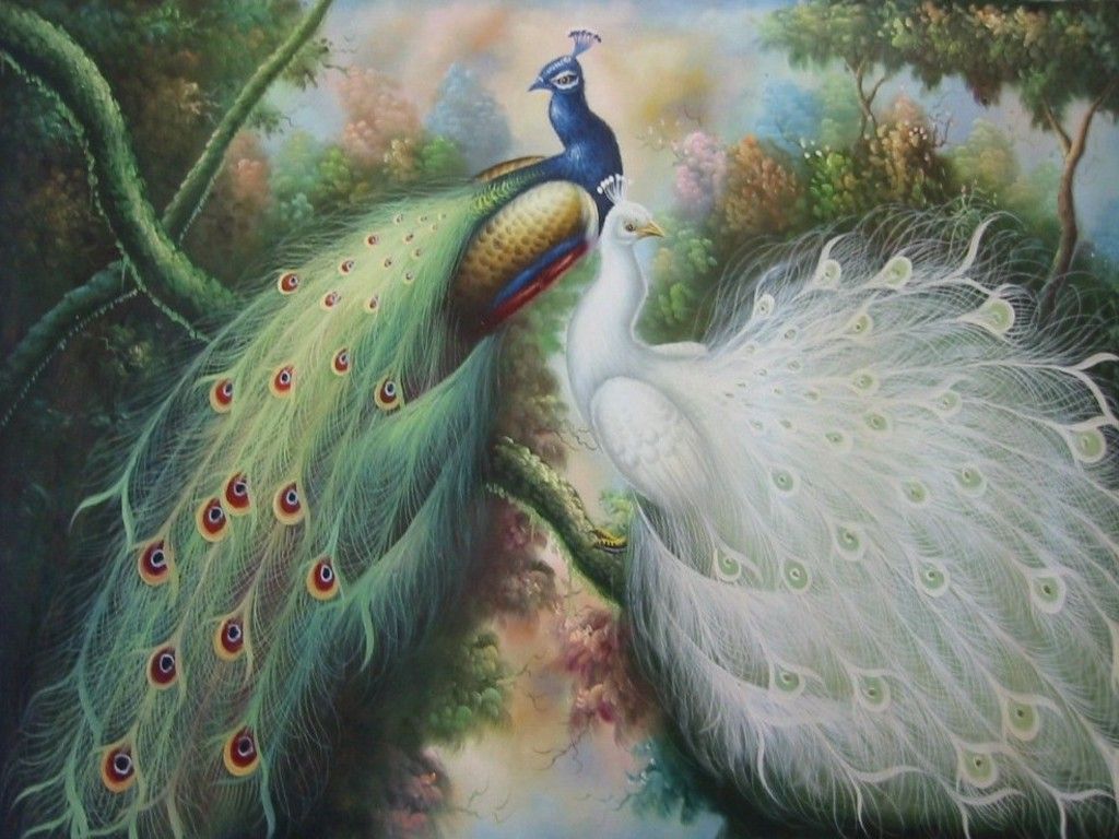 Image Detail For -free Peacock Oil Painting Wallpaper - Peacock Painting , HD Wallpaper & Backgrounds