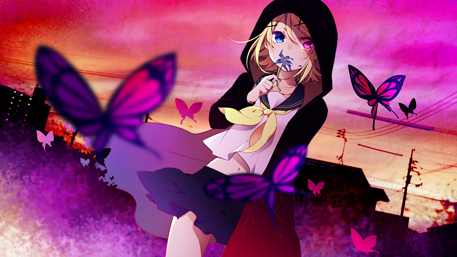 Black And Pink Floral Textile, Vocaloid, Kagamine Rin, - Kagamine Rin Butterfly , HD Wallpaper & Backgrounds