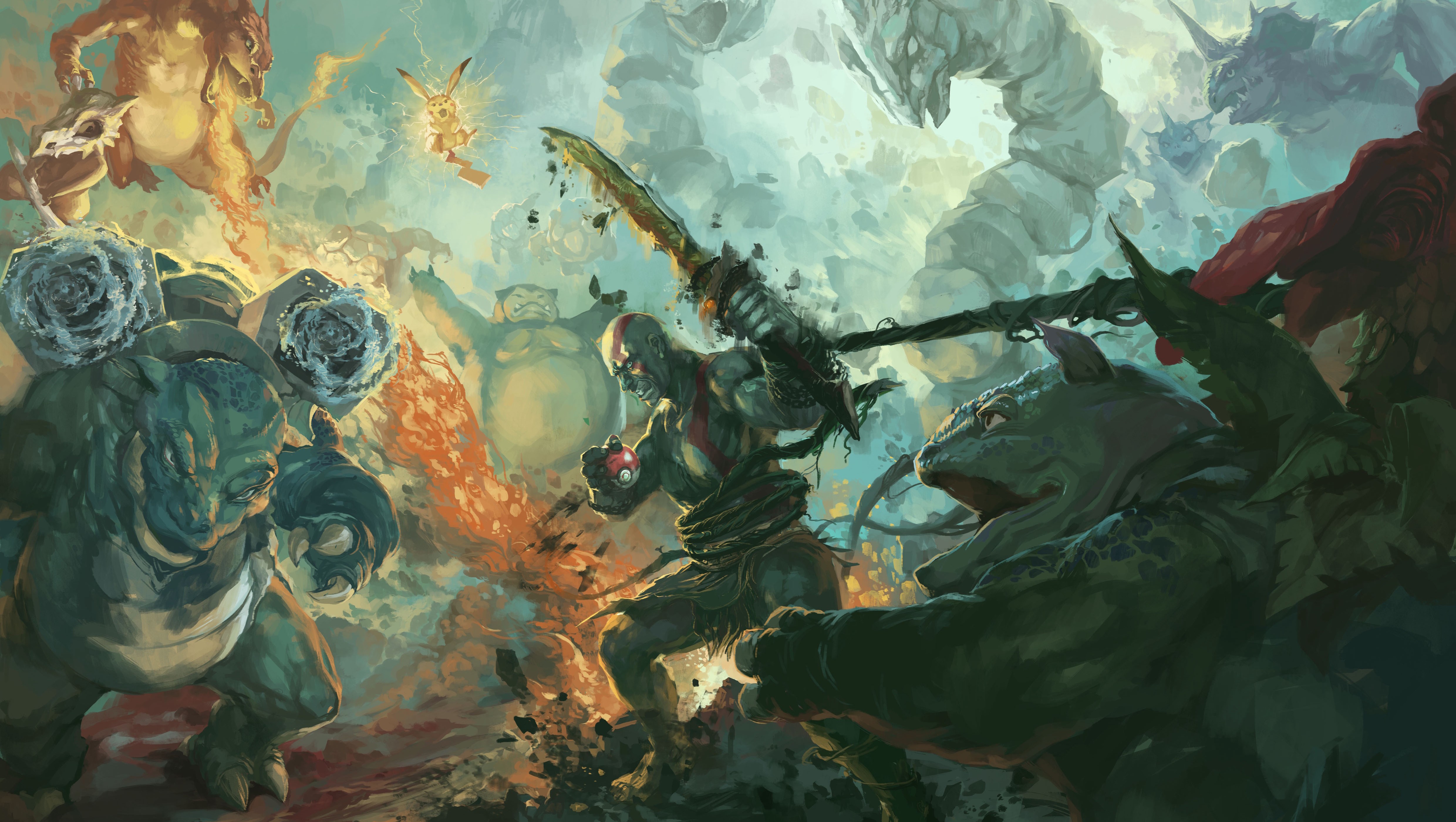 Artwork, God Of War, Pokemon Wallpaper - Pokemon War Fan Art , HD Wallpaper & Backgrounds