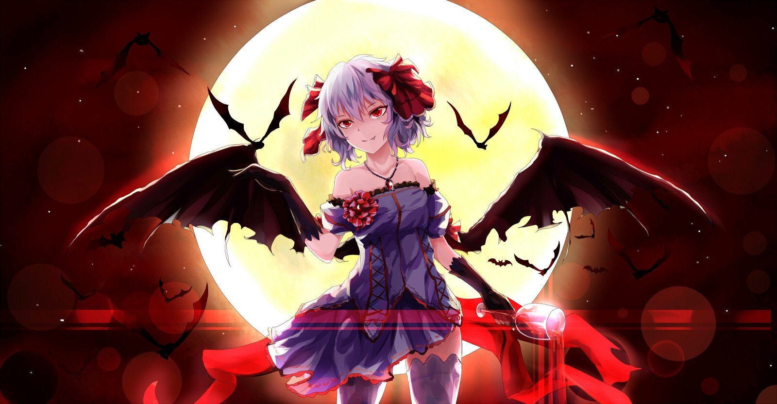 Anime Girls, Moon, Bats, Dress, Wings Wallpaper - Red Eye Fang Wings Anime Vampire , HD Wallpaper & Backgrounds
