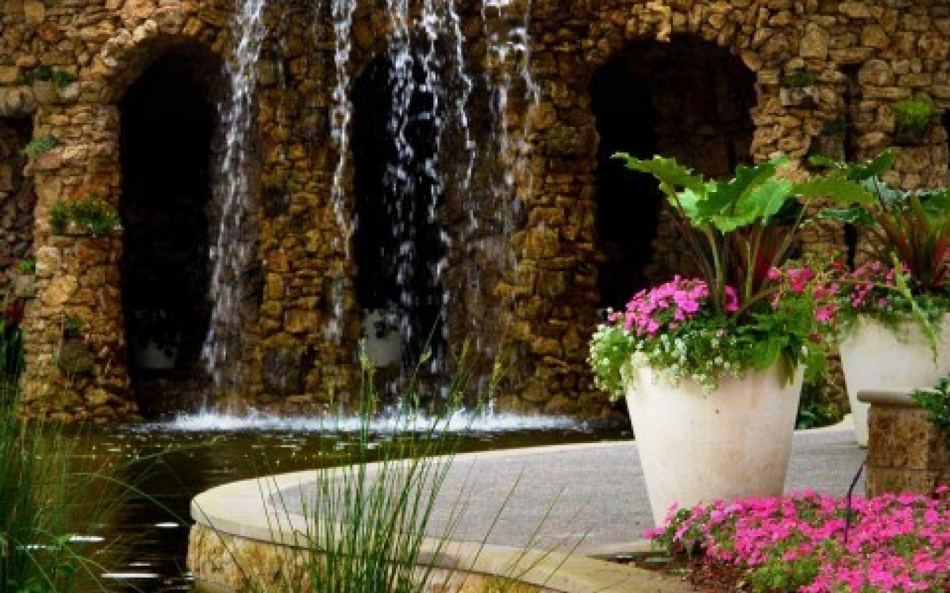 Download Wallpaper Waterfall, Flower, Tree, Grass, - Full Hd Waterfall Garden Background , HD Wallpaper & Backgrounds