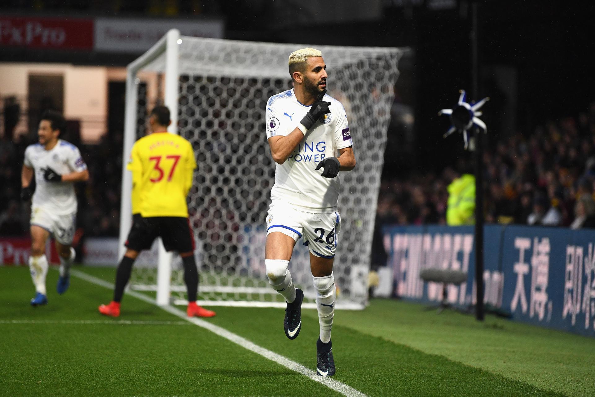 Riyad Mahrez Of Leicester City Celebrates Scoring The - Watford Vs Leicester City 2017 , HD Wallpaper & Backgrounds