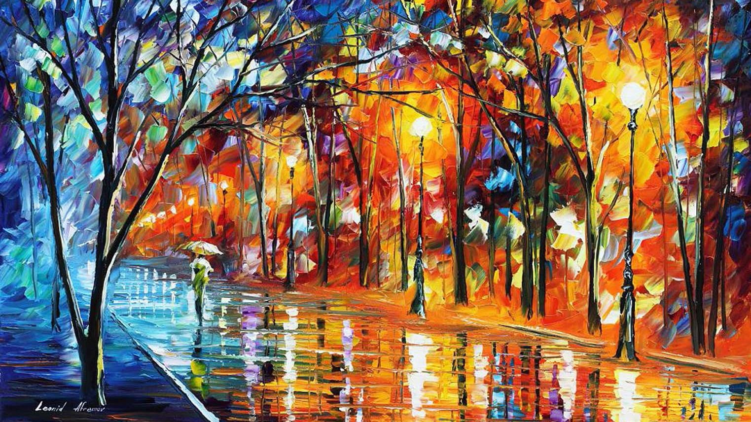 Singed Park With Lights Painting, Leonid Afremov, Autumn, - Leonid Afremov , HD Wallpaper & Backgrounds