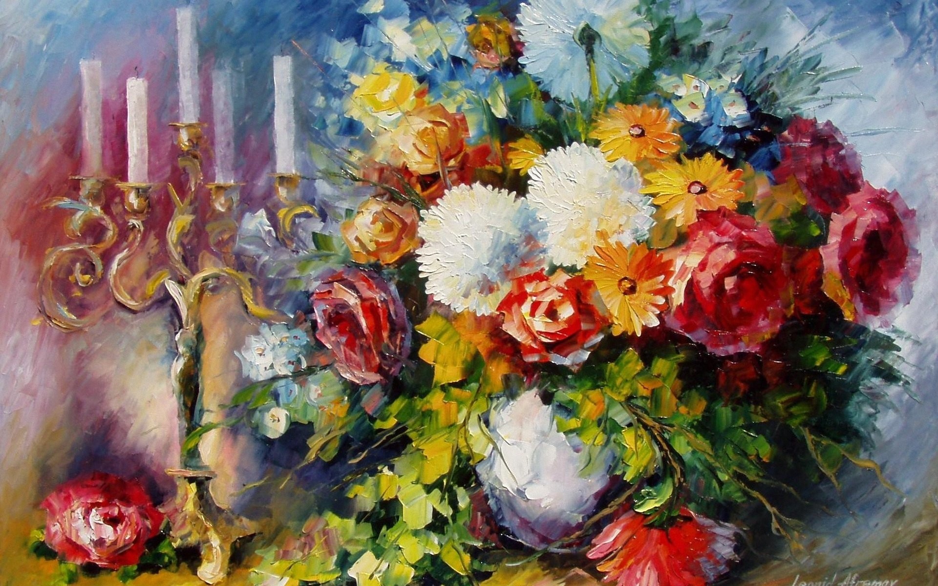Leonid Afremov Vase Of Flowers , HD Wallpaper & Backgrounds