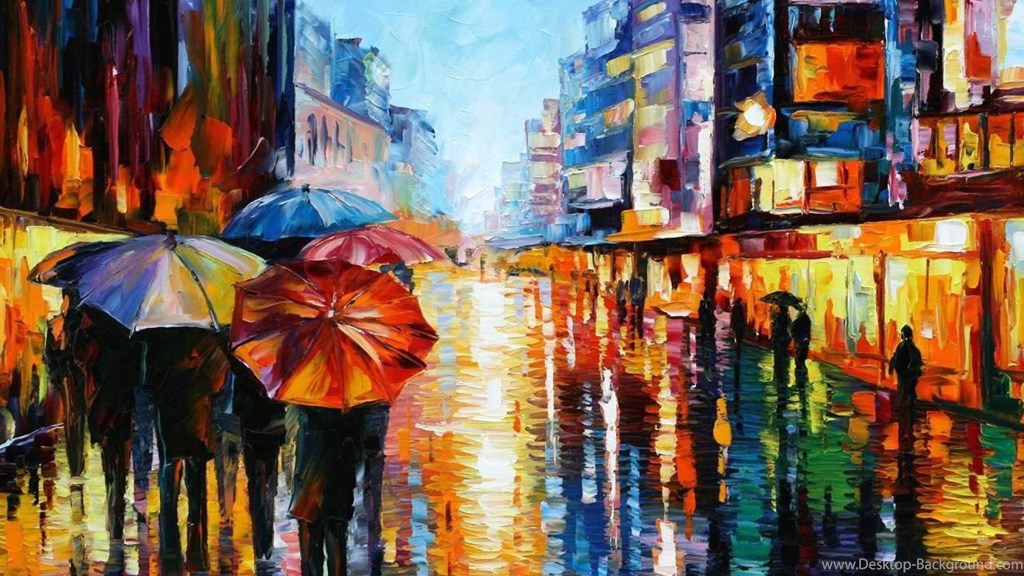 Night Umbrellas - Palette Knife Oil Painting On Canvas , HD Wallpaper & Backgrounds