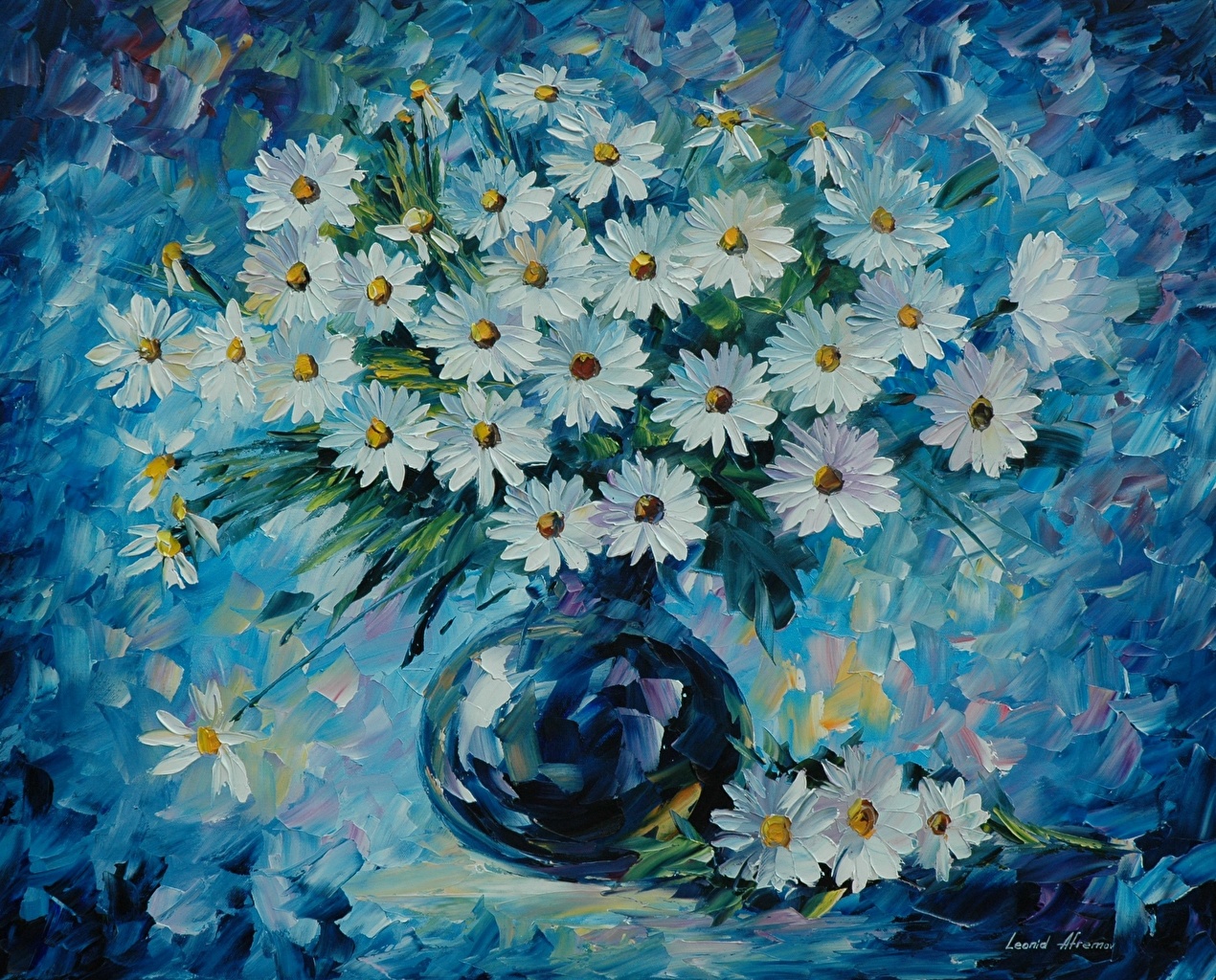 Oil Painting Blue Flowers , HD Wallpaper & Backgrounds
