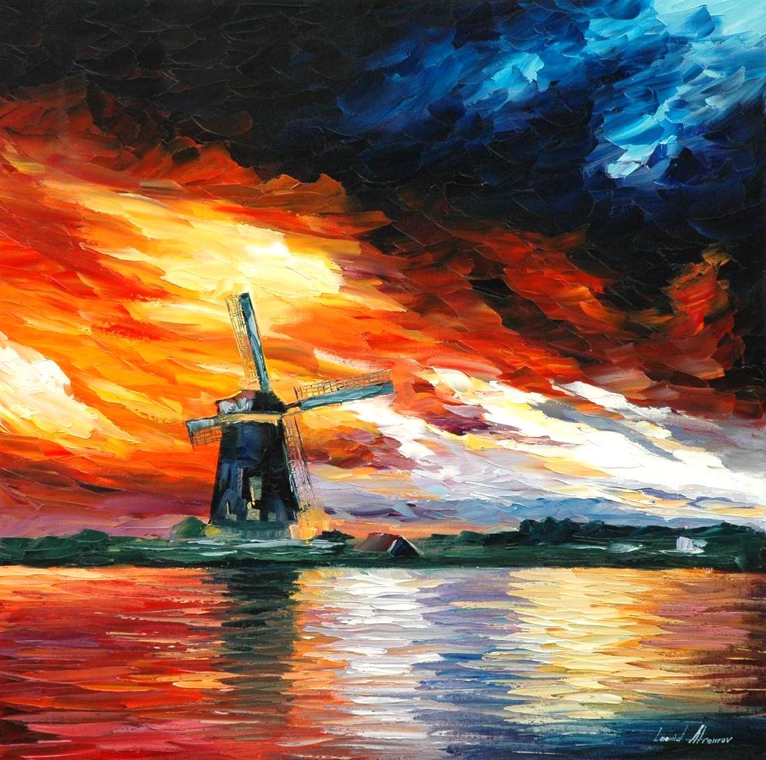 Leonid Oil On Canvas Palette Knife Buy Original Paintings - Oil Painting Windmill , HD Wallpaper & Backgrounds