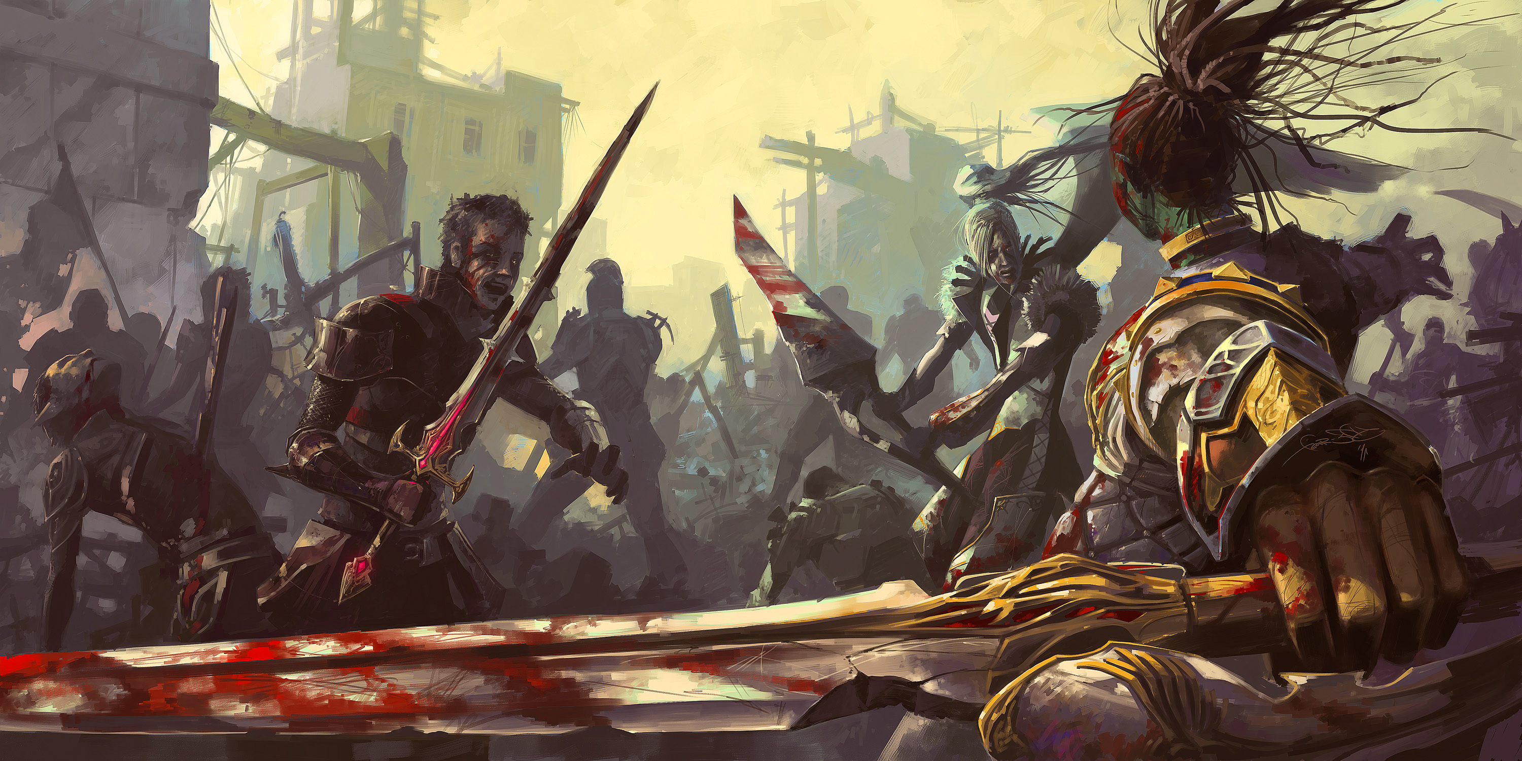 Lineage 2 Battle War City Ruins Weapons Blood Sword - Lineage 2 , HD Wallpaper & Backgrounds