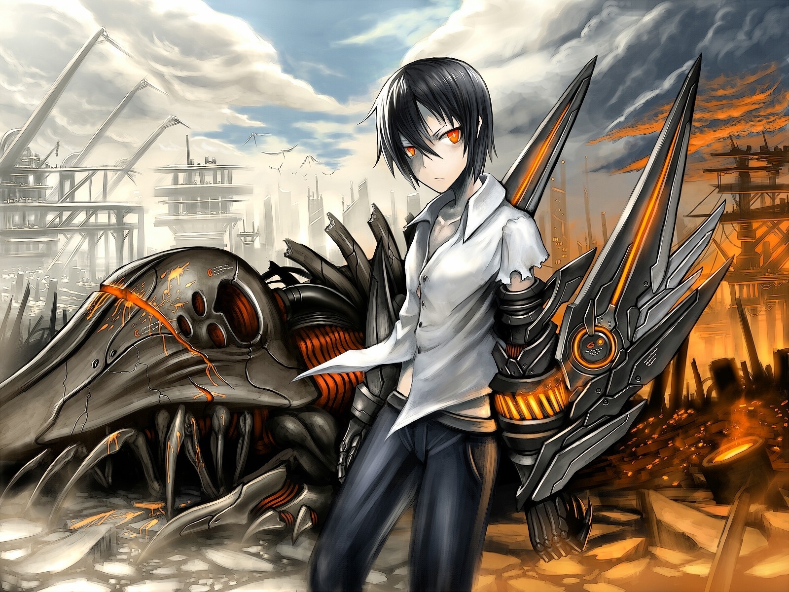 Clouds Wings Fire Buildings Gia Artist Anime Anime - Anime Boy Black Hair Orange Eyes , HD Wallpaper & Backgrounds