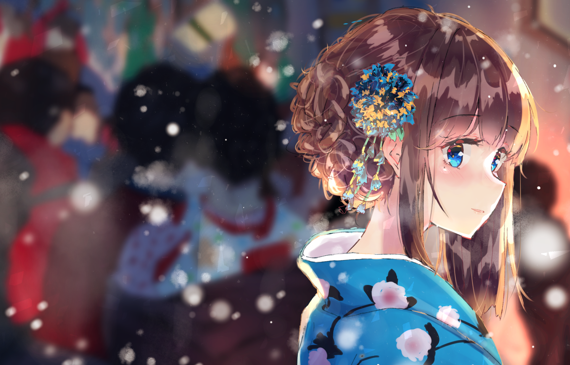 Brown Hair, Anime, Cute, Blue Eyes, Girl, Smile, Kimono, - Anime Girl Brown Hair Blue Eyes , HD Wallpaper & Backgrounds