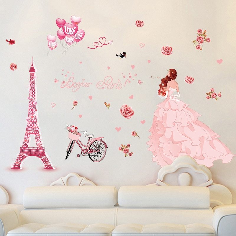 Menina De Casamento Rosa Torre Eiffel Adesivo De Parede - Deco Chambre Ado Stickers Muraux Fille , HD Wallpaper & Backgrounds