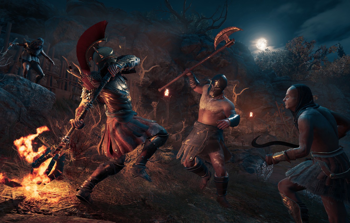 Photo Wallpaper Night, Fire, Battle, Assassin's Creed, - Assassin's Creed Odyssey Battle , HD Wallpaper & Backgrounds