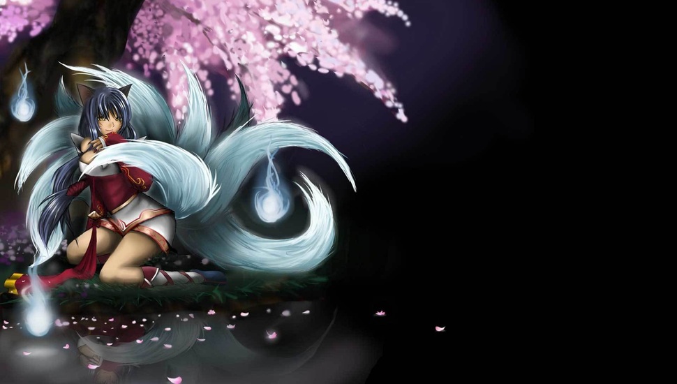 Tails, Ahri, Sakura, League Of Legends, Art, Girl, - Ahri League Of Legends Wallpaper Hd , HD Wallpaper & Backgrounds