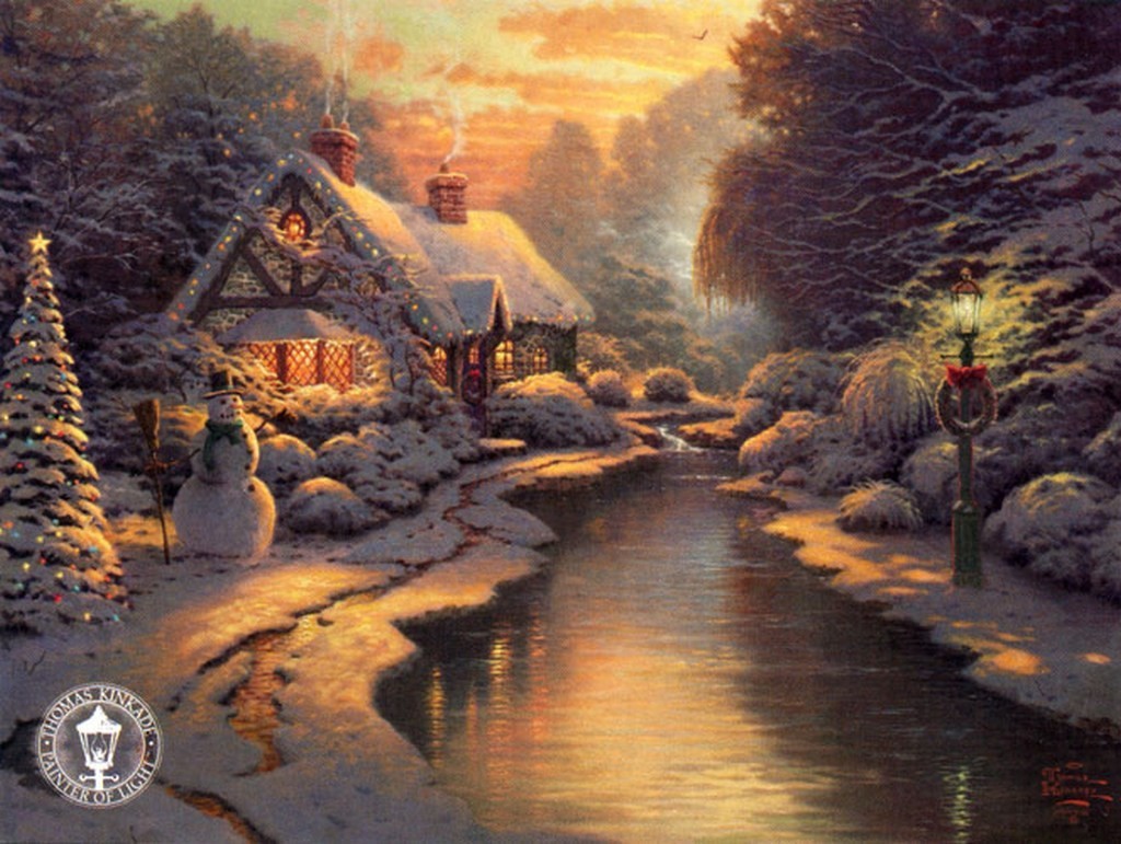 Winter Time Thomas Kinkade House Oil Painted Best Wallpapers - Thomas Kinkade Christmas Backgrounds , HD Wallpaper & Backgrounds