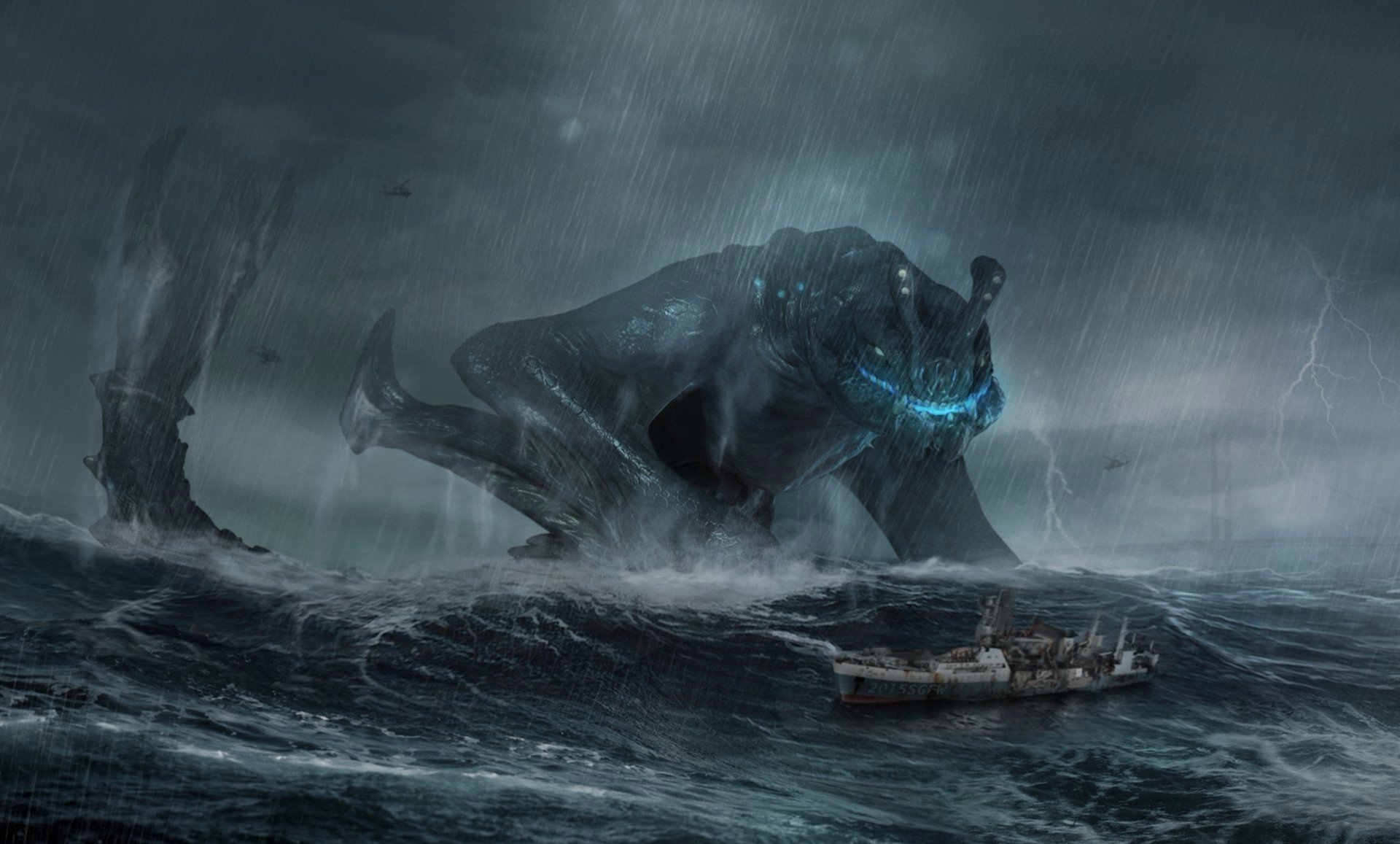 Fantasy Art Pacific Rim Kaiju Sailing Ship Rain Storm - Fantasy Ship In A Storm , HD Wallpaper & Backgrounds
