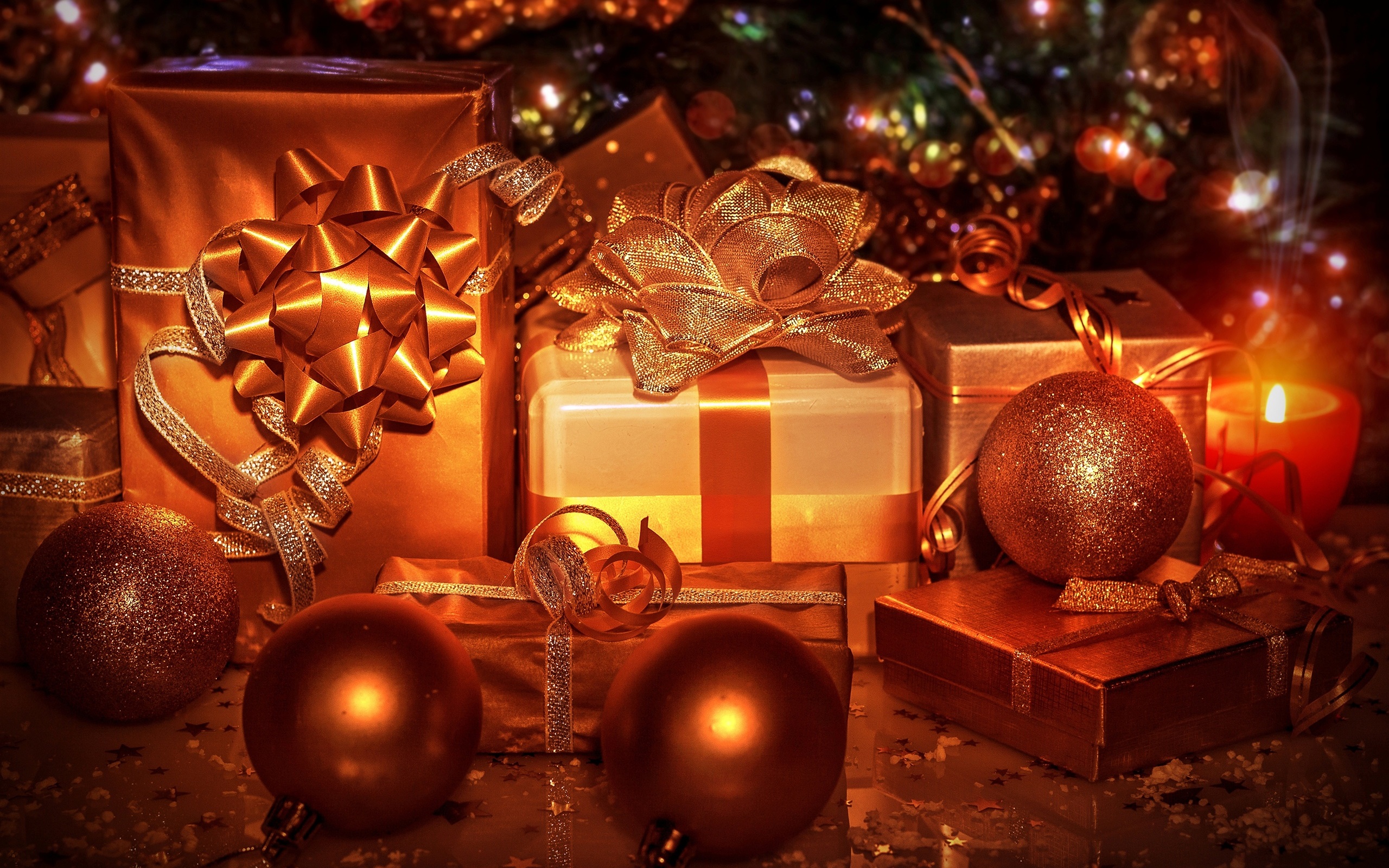 Christmas Gifts, Decorations, Balls, Ribbon, Golden - Fondos De