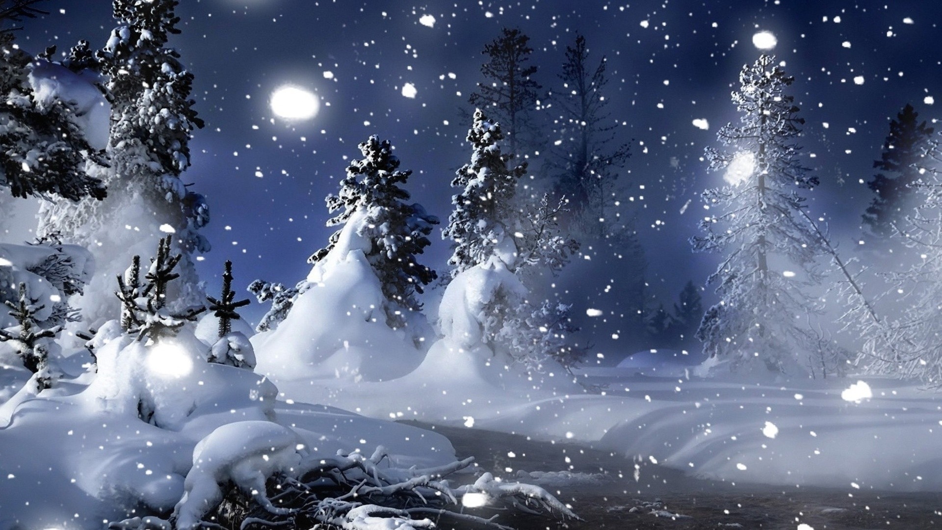 Xmas Trees Snowing Snowflakes Wallpaper - Cold Winter Night , HD Wallpaper & Backgrounds