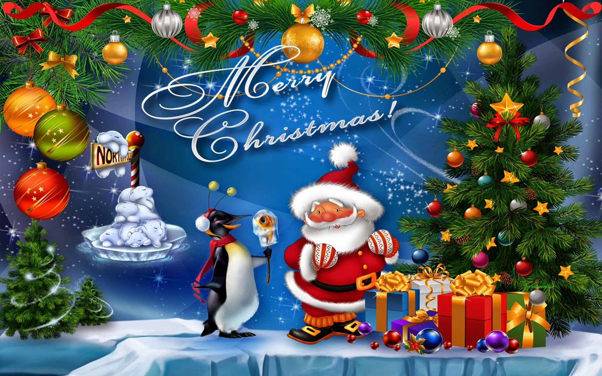 Christmas Postcard Santa Claus Christmas Tree With - Merry Christmas Images Hd , HD Wallpaper & Backgrounds
