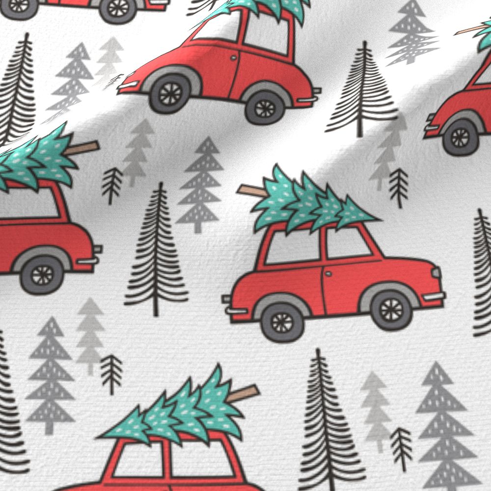 Holiday Christmas Tree Car Woodland Fall On White - Fun Christmas Prints On Fabric , HD Wallpaper & Backgrounds