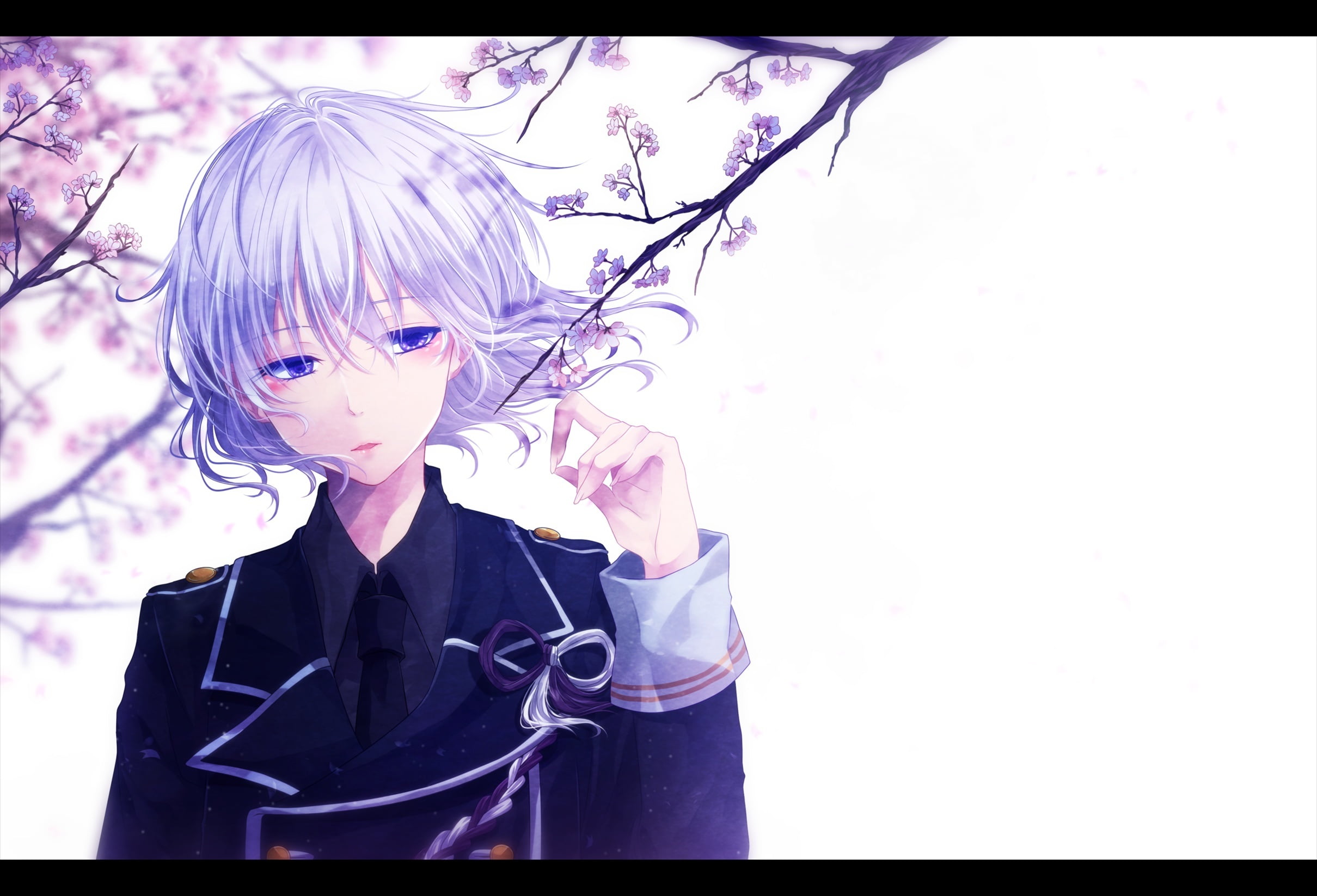 Flowers, Anime, Sakura, Art, Guy, Mokoppe, Touken Ranbu, - Anime Boy With Purple Hair And Purple Eyes , HD Wallpaper & Backgrounds