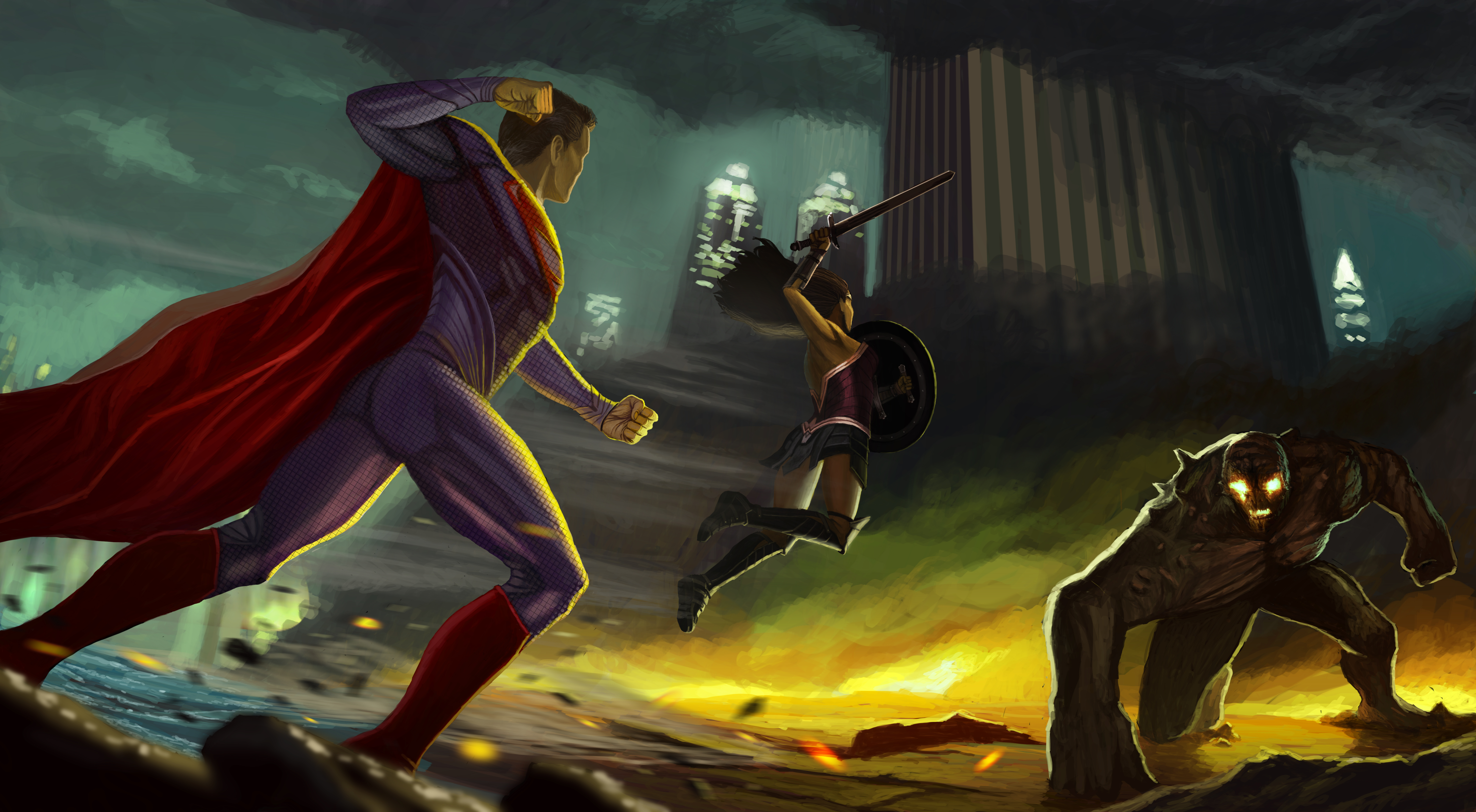 Wonder Woman Superman Fighting Against Doomsday - Superman Vs Doomsday , HD Wallpaper & Backgrounds
