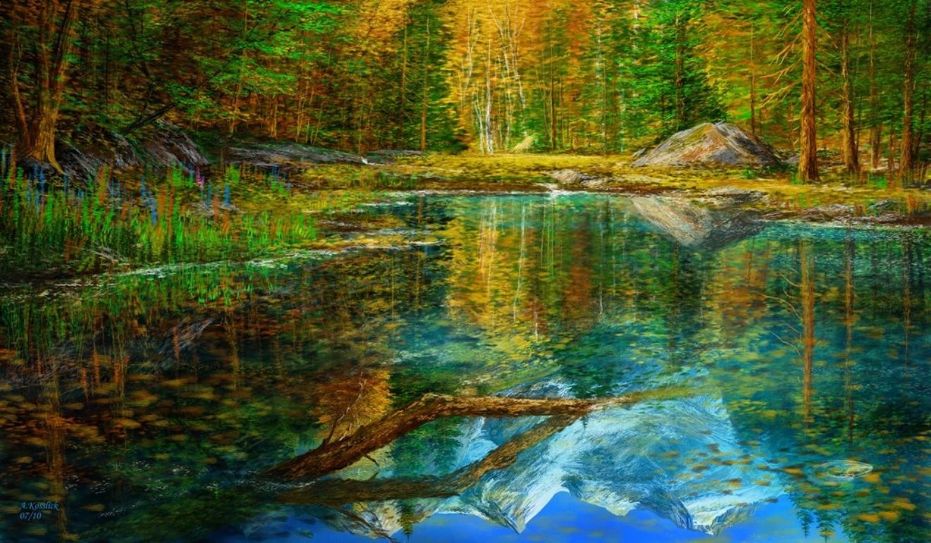 Colors Nature Painting Forest Lake Study Free Wallpapers - Reflection , HD Wallpaper & Backgrounds
