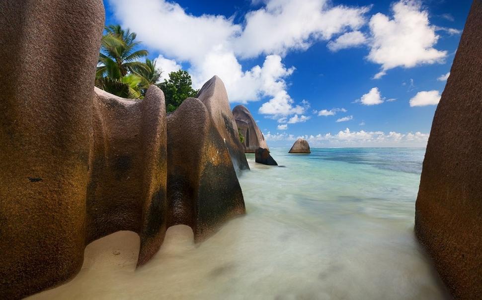 Landscape, Nature, Beach, Rock, Clouds, Sea, Sand, - Seychelle Islands Beach Rocks , HD Wallpaper & Backgrounds