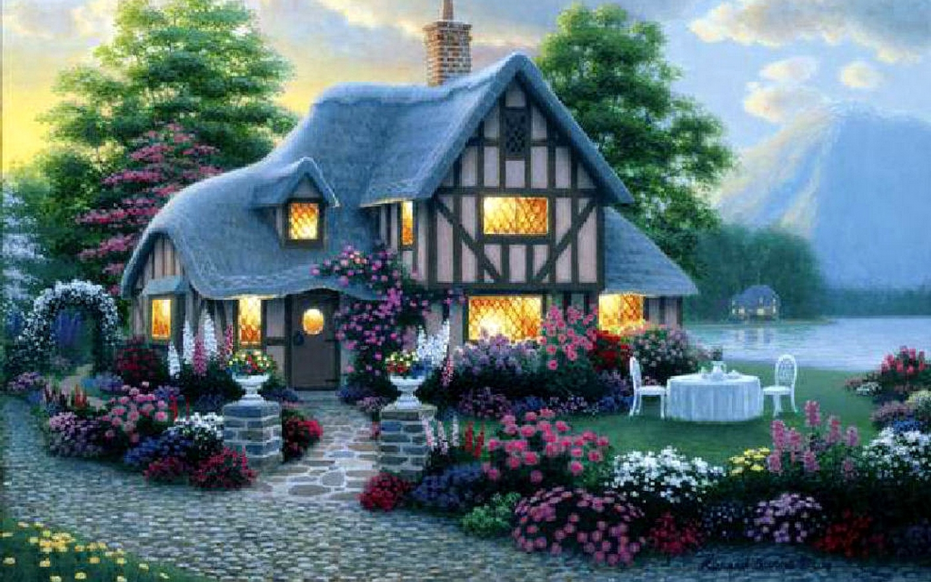 House Lights Garden Flower Sea Wallpapers And Stock - Cottage In Lake Desktop , HD Wallpaper & Backgrounds