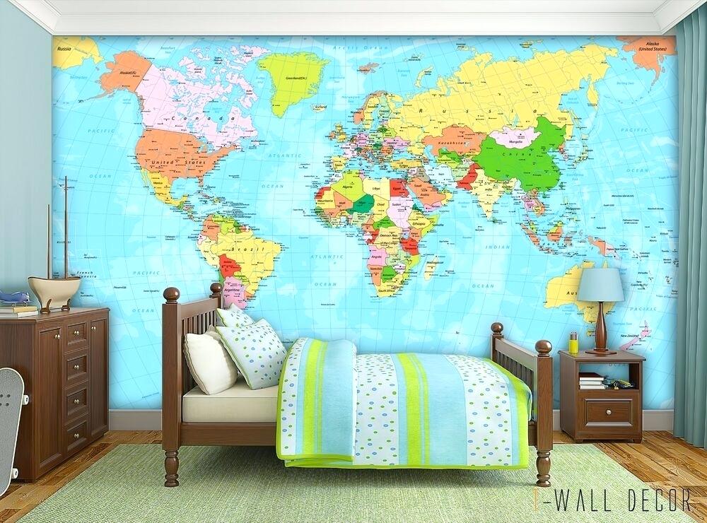 Kids Wallpaper Murals Details About World Map Self - Mountain Nursery Blue , HD Wallpaper & Backgrounds