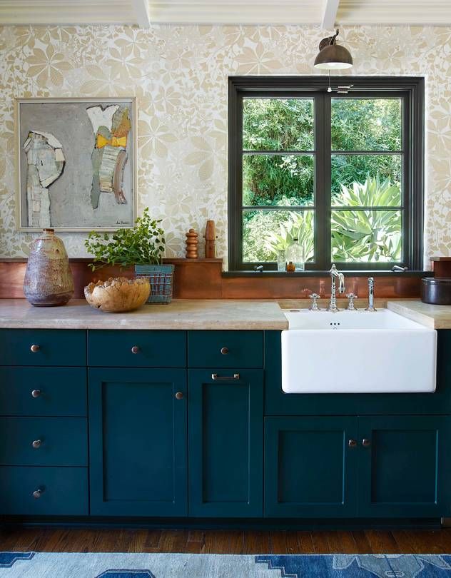 The Kitchen Wallpaper, By Marthe Armitage, The Ceramics - Copper Backsplash Green Cabinets , HD Wallpaper & Backgrounds