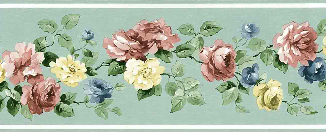 Mint Green Vintage Wallpaper Border Floral Roses Ch7154b - Vintage Flower Wallpaper Border , HD Wallpaper & Backgrounds