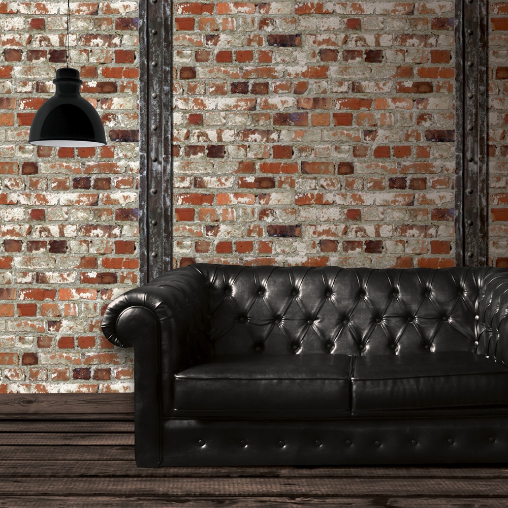 Muriva Just Like It Red Brick Wooden Beam Faux Stone - Brick Wall With Wood Beams , HD Wallpaper & Backgrounds