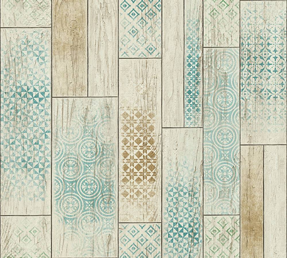 Kitchen Wallpaper Ethno Wood Vintage Brown Turquoise - Bezovy Obklad Do Kuchyne , HD Wallpaper & Backgrounds