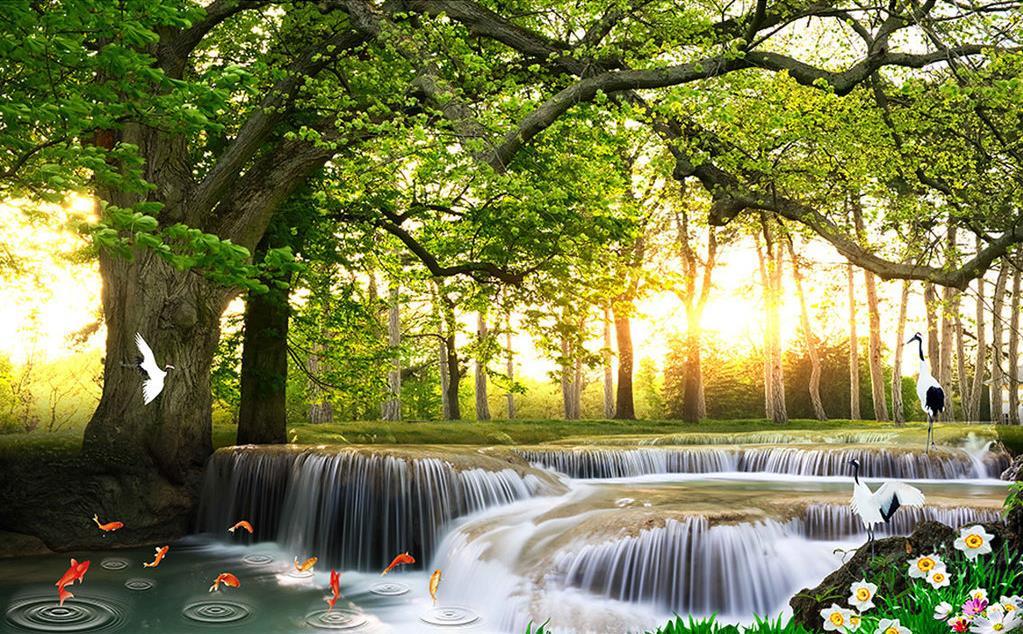 Custom Modern Wallpaper Waterfall Scenery Wallpaper Green