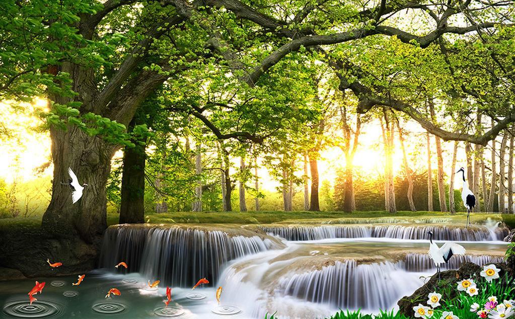 Custom Modern Wallpaper Waterfall Scenery Wallpaper - Green Photography Trees Background , HD Wallpaper & Backgrounds