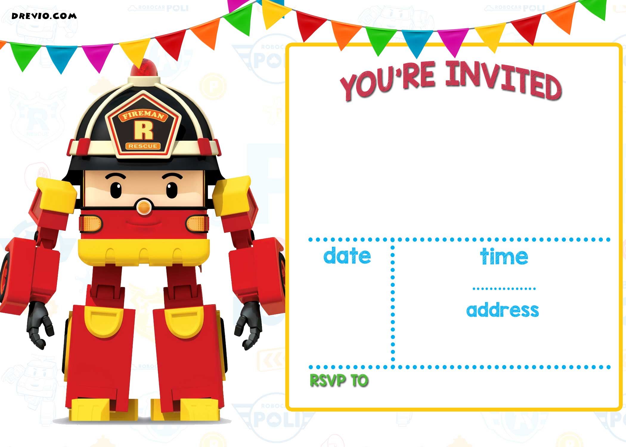 Cool Free Printable Robocar Poli Invitation Template - Cartoon Birthday Invitation Design , HD Wallpaper & Backgrounds
