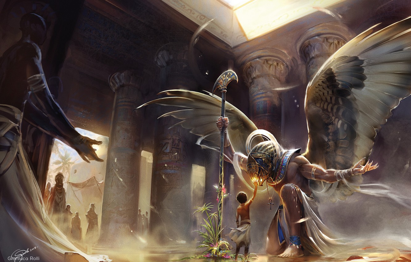 Photo Wallpaper God, Wings, Boy, Columns, Temple, Egypt, - Egyptian God Wallpapers Horus , HD Wallpaper & Backgrounds