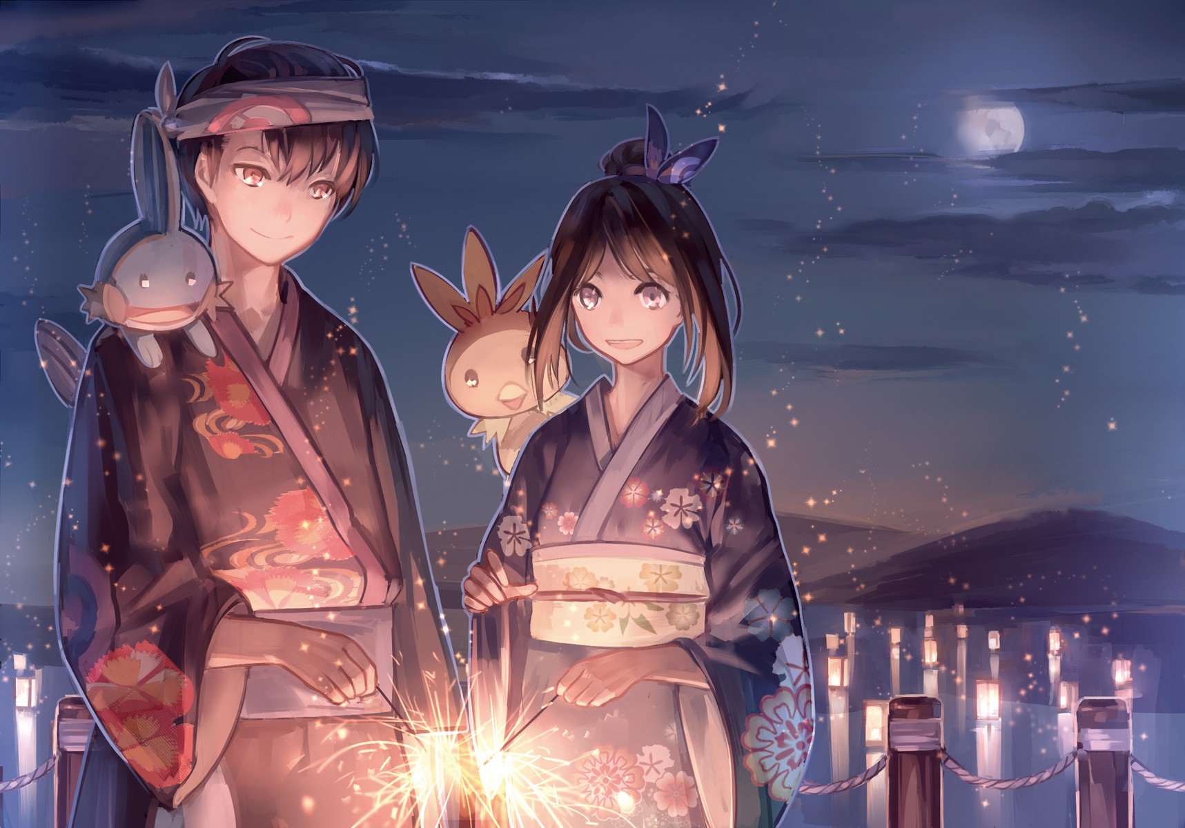 #fireworks, #kimono, #pokémon, #night, Wallpaper - Anime Girl And Boy In Kimono , HD Wallpaper & Backgrounds