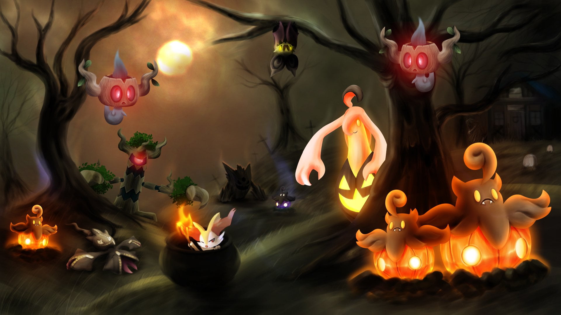 Pokémon, Fennekin , Gourgeist , Mega Banette (pokémon - Free Halloween Wallpaper Pokemon , HD Wallpaper & Backgrounds