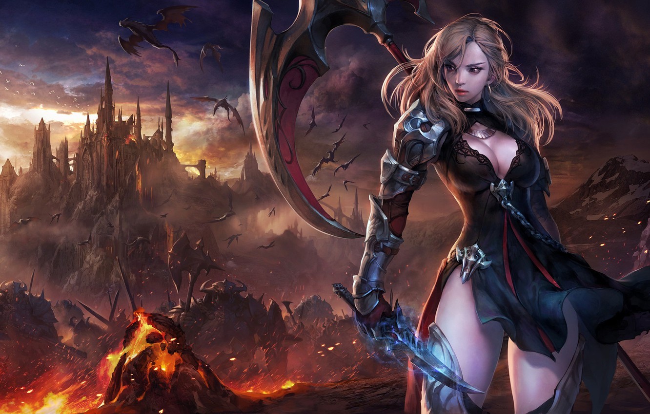 Photo Wallpaper Girl, Weapons, Castle, Fire, The Game, - Fantasy Art Warrior Female , HD Wallpaper & Backgrounds