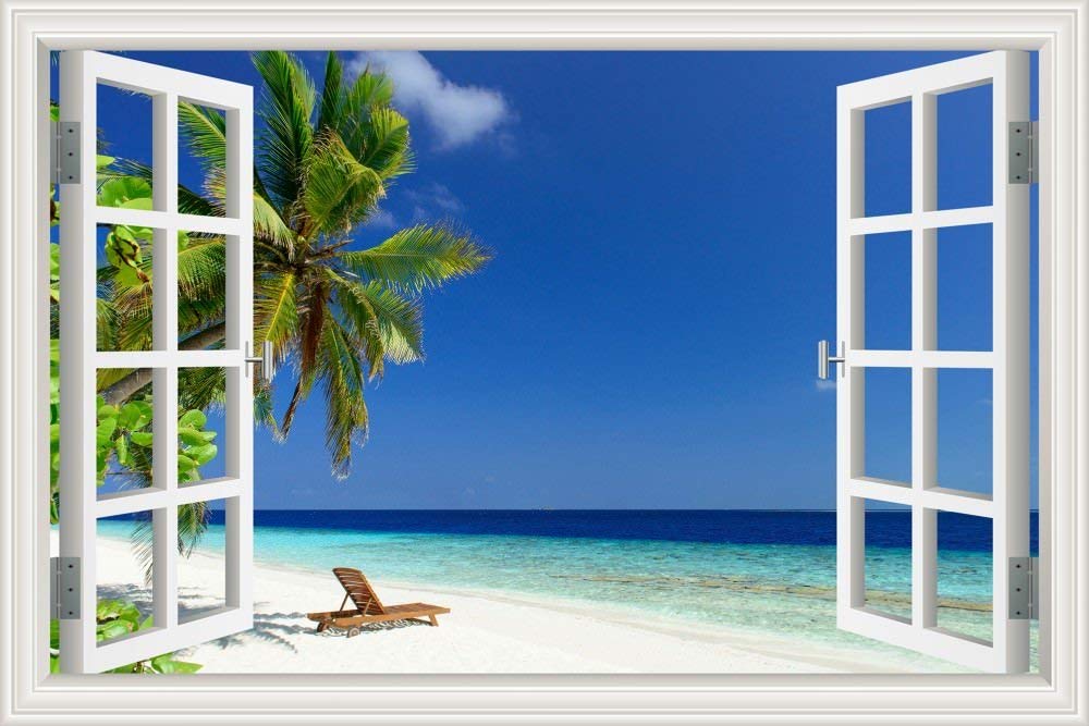 Greathomeart White Beach Palm Tree Wall Murals Blue - 3d Beach Wall Stickers , HD Wallpaper & Backgrounds