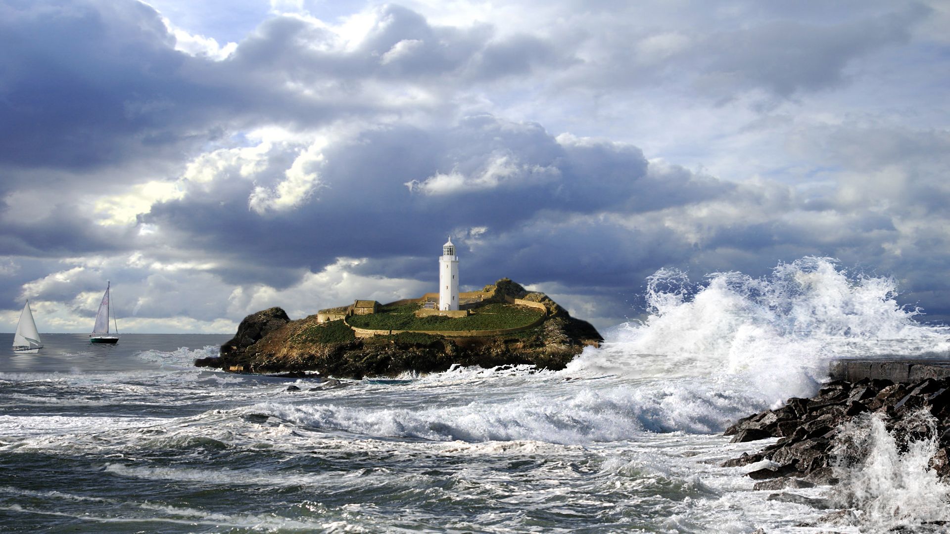 Lighthouse In Storm Hd Desktop Wallpaper - Stormy Sea Lighthouse Background , HD Wallpaper & Backgrounds